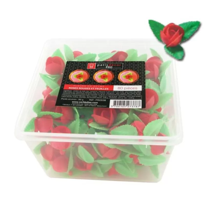 Cerf Dellier Roses Rouges Et Feuilles En Azyme Patisdecor Pro (X80) New